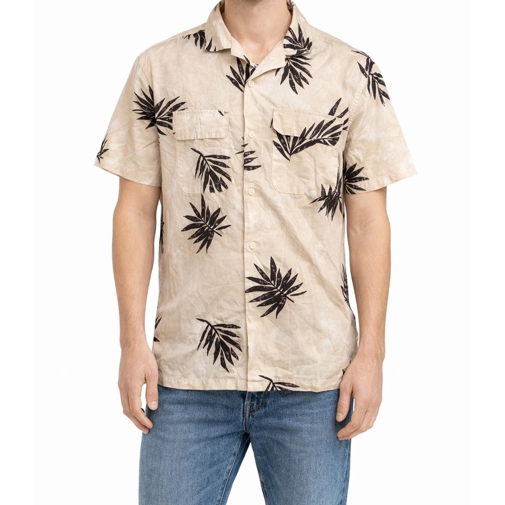 Abercrombie Cream Black Palm Hawaiian Short Sleeve Button Up Cotton Camp Shirt L